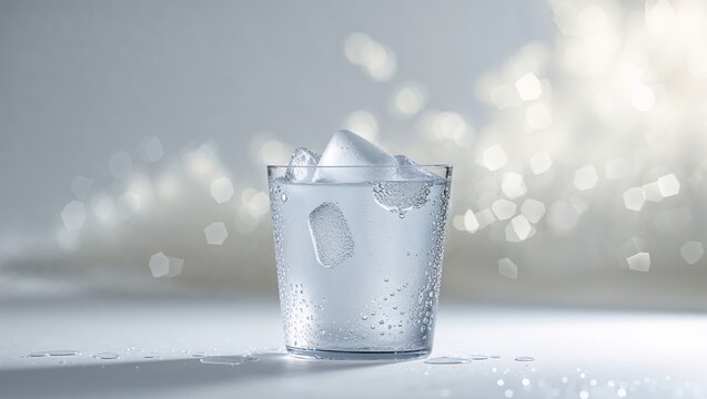 Refreshing glass of cold water with ice cubes against a blurred sparkling background