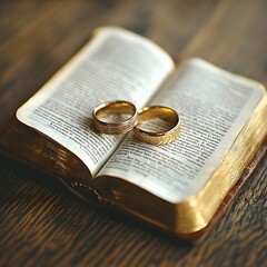 Fototapeta premium Golden Wedding Rings Resting on Open Bible with Wooden Background