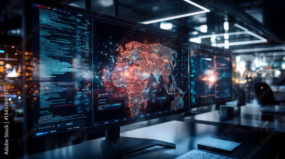 Poster high-tech workspace displaying colorful global data visualizations at night