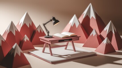 Remote work productivity tips concepts. A creative scene featuring a desk, lamp, and paper mountains.
