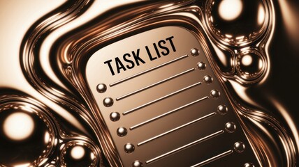 Remote work productivity tips concepts. Metallic task list with bullet points on a reflective surface, emphasizing productivity and organization.