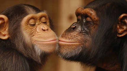 Two chimpanzees engaged in affectionate interaction in natural habitat during sunny day
