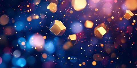 A surreal, colorful abstract background with luminous, floating polygons. The radiant shapes of deep blue, glowing gold, and fiery pink hover gracefully, creating an otherworldly, futuristic, and