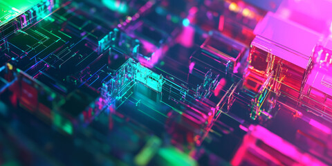 Obraz premium A futuristic, colorful abstract background featuring layered holographic panels. The glowing, semi-transparent digital structures in neon green, electric blue, and hot pink create a cyberpunk,