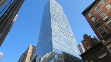 Modern Glass Skyscraper Among Older Brick Buildings Under a Clear Blue Sky