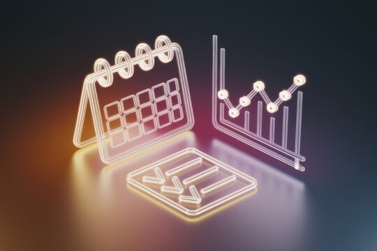 Remote work productivity tips concepts. Stylized icons representing a calendar, checklist, and graph on a colorful background.