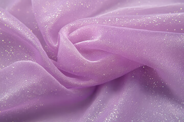 A delicate organza fabric texture background in shimmering lavender. The semi-transparent layers, gentle folds, and subtle glitter reflections create a dreamy, magical, and elegant textile-inspired