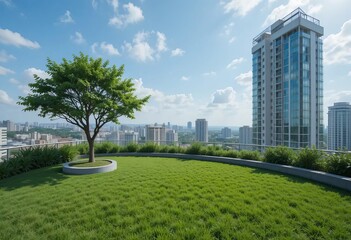 A rooftop garden with trees, grass, and a view of the city skyline