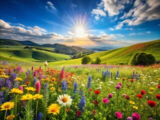 Vibrant Spring Meadow Landscape, Colorful Wildflowers, Green Hills, Sunny Day, Nature Background