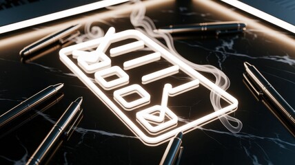 Remote work productivity tips concepts. Neon sign with checkmarks on a marble surface, surrounded by pens.