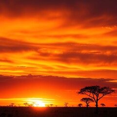 Fototapeta premium an image of a sunset with a lone tree in the foreground, there is a sunset that is very bright and orange