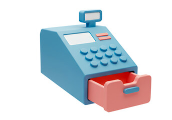 Colorful toy cash register with pink open drawer, buttons, and small display screen