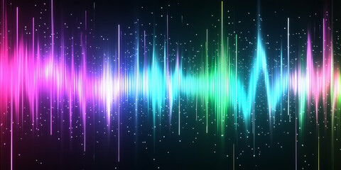 A glowing, colorful abstract background inspired by pulsating sound waves. The rhythmic, neon-infused undulations in vibrant green, electric blue, and intense pink create a music-inspired, visually