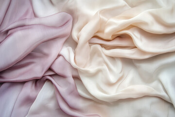 Obraz premium A dreamy, colorful abstract background with layered, transparent silk fabric textures. The soft, floating hues in pastel rose, lavender, and warm ivory create an elegant, delicate, and visually