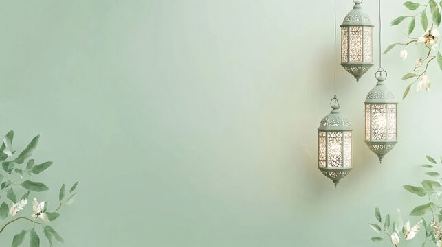 Elegant Islamic-themed backdrop with pastel green shades, white accents, and decorative lanterns, ideal for religious events and Ramadan