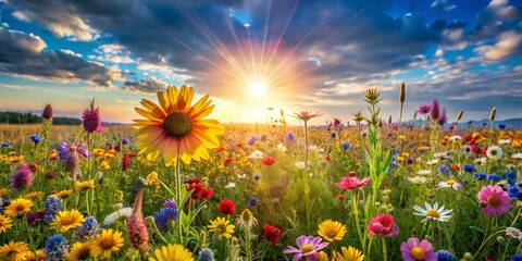 Vibrant Wildflower Meadow Landscape, Summer Floral Field, Blooming Flowers, Nature Photography