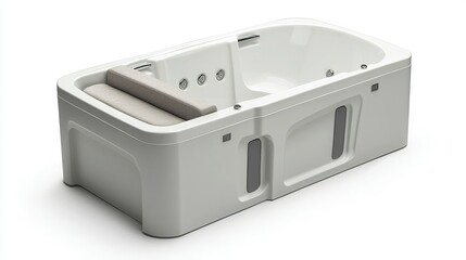 Fototapeta premium A modern, sleek bathtub with a minimalist design, featuring built-in seating and jets for a luxurious bathing experience.