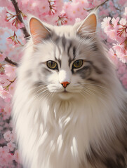 Portrait of a cat surrounded by blooming cherry blossoms in springtime beauty
