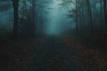Fototapeta premium A misty autumn evening trail winding through an enchanted forest landscape at dusk