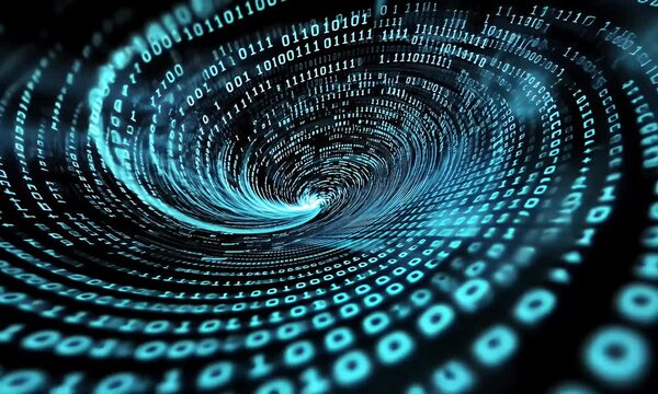 Binary code swirls in a digital vortex with vibrant blue hues against a dark, depth-filled background