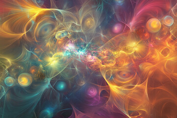 Fototapeta premium A surreal, colorful abstract background depicting floating iridescent bubbles reflecting a spectrum of hues. Each sphere captures and distorts surrounding colors, forming a dreamy, fluid interaction