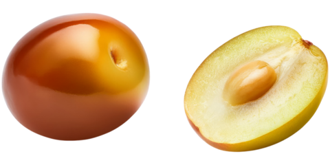 Ripe jujube fruit presented whole and halved showcasing the inner textures