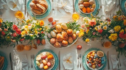 A beautifully arranged table setting displays an Easter feast