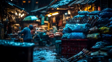 Obraz premium Rainy Night Market for Artist Supplies, Asia.