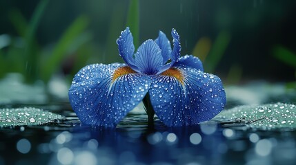 Mesmerizing close-up of blue flag iris blooming beside tranquil rain garden pond