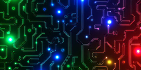 Fototapeta premium A futuristic, colorful abstract background with glowing circuit board patterns. The neon-lit pathways in electric green, deep blue, and fiery red create a sci-fi, high-tech, and visually complex