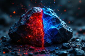 A fractured rock reveals vibrant red and blue energy within its core