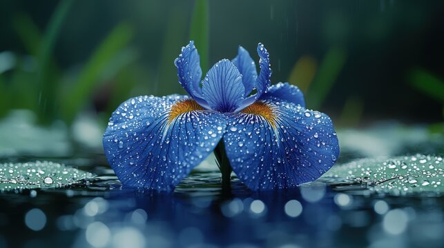 Fototapeta Mesmerizing close-up of blue flag iris blooming beside tranquil rain garden pond