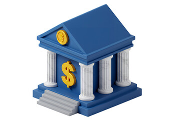 3D Blue bank building with white columns and a gold dollar sign, symbolizing financial institutions