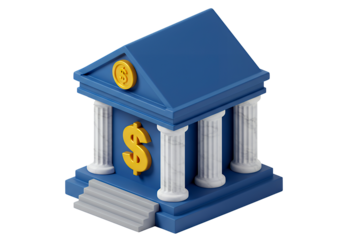 3D Blue bank building with white columns and a gold dollar sign, symbolizing financial institutions