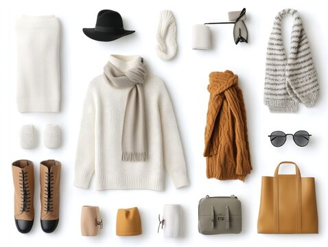 Winter fashion flat lay on white background