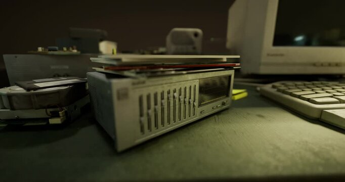 Dusty computer equipment is piled on a cluttered desk. An old disk drive sits at the forefront, surrounded by floppy disks and a monitor in a low light environment.