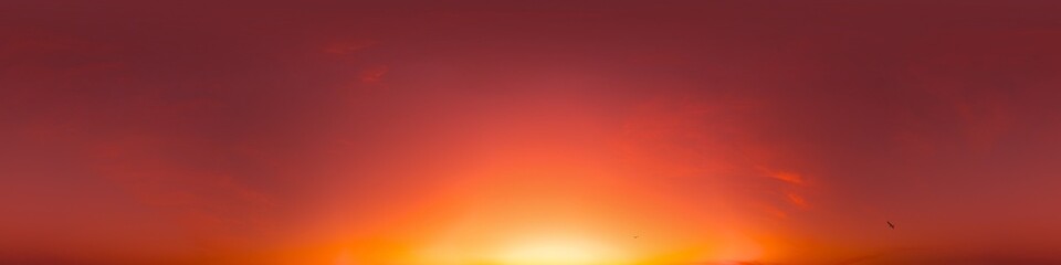 360 panorama of glowing sunset sky with bright pink Cirrus clouds. HDR 360 seamless spherical panorama. Full zenith or sky dome sky replacement for aerial drone panoramas. Climate and weather change.