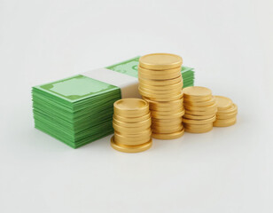 Stacks of Money and Coins on White Background Representing Wealth