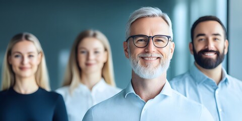 A diverse group of successful business professionals including a senior leader with glasses working together in a bright contemporary office setting