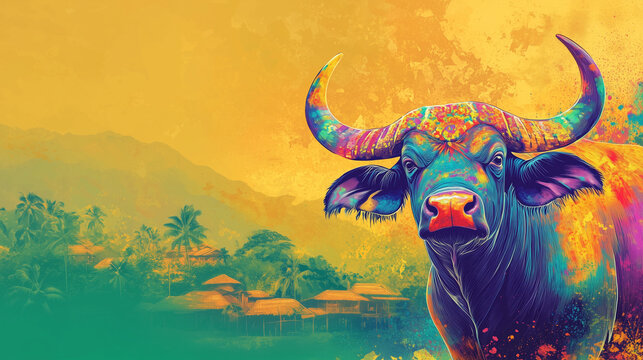 Carabao Festival themed banner with buffalo decorated with bright colorful paint in the foreground, tropical village scenery in the background