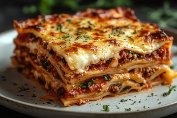 A delicious lasagna with spinach, cheese, and a spinach and bacon quiche, served on a plate with a mix of Italian ingredients like tomato, egg, and pasta