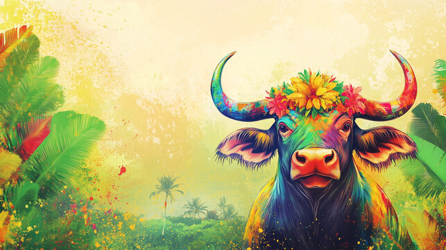 Carabao Festival themed banner with buffalo decorated with bright colorful paint in the foreground, tropical village scenery in the background