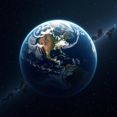Fototapeta premium A blue planet with white clouds, surrounded by black space with stars