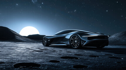 Futuristic car displayed on lunar landscape at night high-resolution image sci-fi environment dynamic view