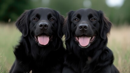 Two black Labrador retrievers in a field.  Friendly faces, looking directly at the camera.  Smiling, tongues out.  Close-up portrait