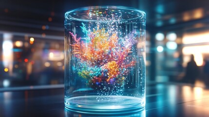 Colorful coral placed in a clear glass tank in a modern environment with shimmering lights