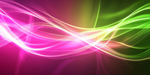 Fototapeta premium A high-energy, colorful abstract background with radiating light waves. The pulsating neon patterns in electric pink, glowing green, and deep violet form a futuristic, immersive, and vibrant visual