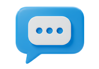 3D Blue speech bubble with white rectangular area containing three dots for messaging themes