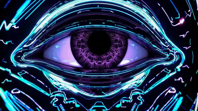 Futuristic neon eye transforming with glowing purple iris