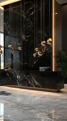 Modern hotel lobby with sleek black marble reception desk, luxury interior design